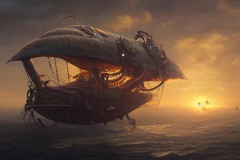 Prompt: a steampunk squid airship at sunset, highly detailed, cinematic concept art, by wlop, tooth wu, greg rutkowski, alena aenami