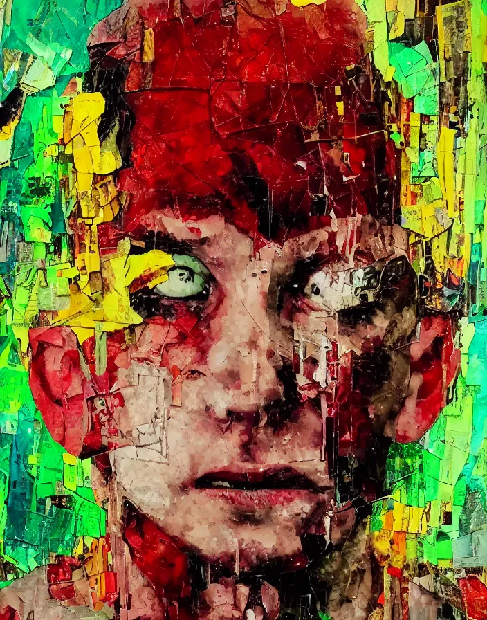 Prompt: young fight club fighter in rage detailed analogue mixed media collage with canvas texture in style of contemporary art, punk art, hyperrealistic beautiful face, photorealism, expressionism, masterpiece, perfect composition, spectacular quality, intricate oil details, dark red green background, broken glass