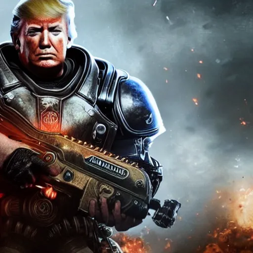 Image similar to Photo portrait of Donald Trump as Crusader!! in Gears of War, splash art, movie still, detailed face, photorealistic facial features, cinematic lighting, dramatic, octane render, long lens, shallow depth of field, bokeh, anamorphic lens flare, 8k, hyper detailed, 35mm film grain