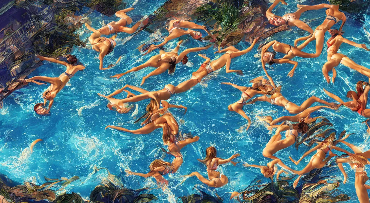 Prompt: Massive wallpaper of multiple female bodies diving horizontally into a pool, randomly interconnected, digital art, unreal engine 5, incredible quality, 4k, by Robert McCall and Greg Ludkowski and Jim Burns