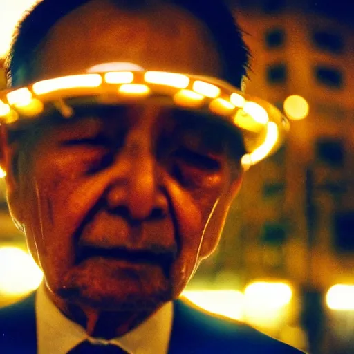 Image similar to close up, old man in tokyo at night, wearing gold chain, gold rings, cinestill 8 0 0,