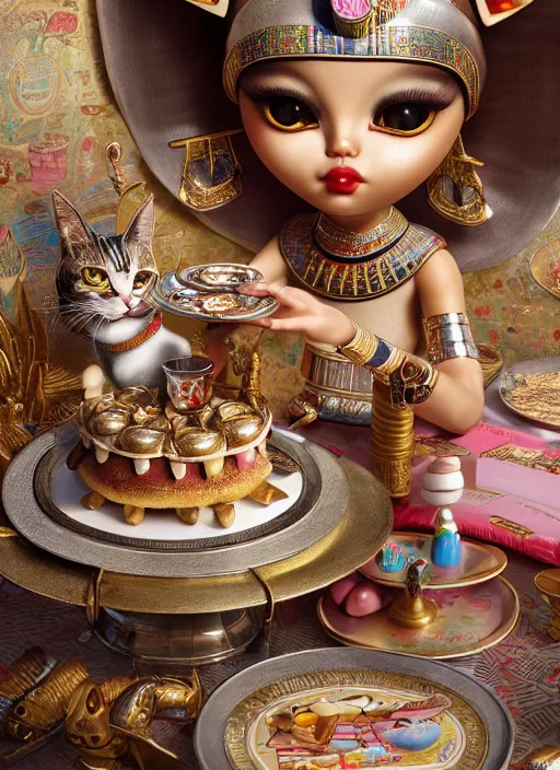 Image similar to highly detailed closeup, portrait of a tin toy egyptian cat goddess eating cakes, unreal engine, nicoletta ceccoli, mark ryden, earl norem, lostfish, global illumination, detailed and intricate environment