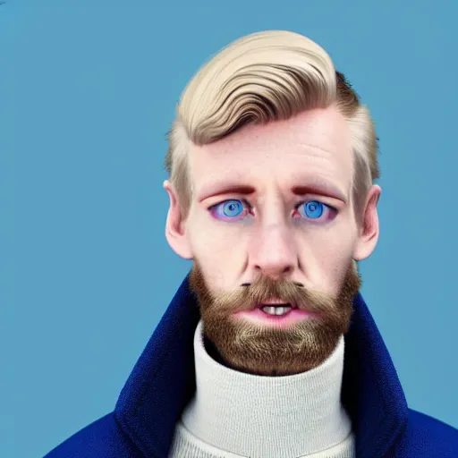 Image similar to A gangly british man, with short blond hair and short blond beard wearing a jacket and turtleneck , blue eyes, pale skin, English heritage, cartoon, mid-shot, 8k