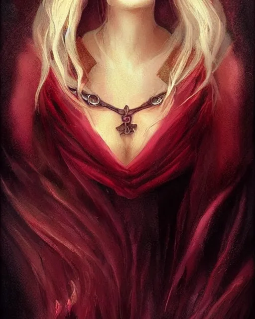 Prompt: tarot, beautiful wicked female occultist, sweeping ombre blonde hair, red eyes, black velvet dress, dark colors, magic Amulet, raven, fantasy painting, trending in Artstation, GSociety, by Charlie Bowater, Brom, Bastien Lecouffe-Deharme