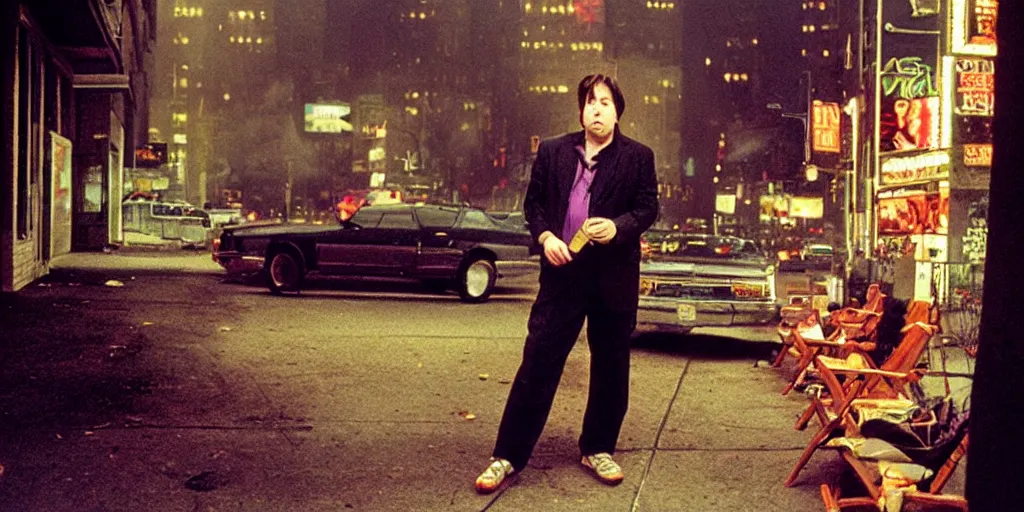 Image similar to award winning photo of BILL HICKS smoking weed in new york, vivid colors, happy, symmetrical face, beautiful eyes, studio lighting, wide shot art by gregory crewdson