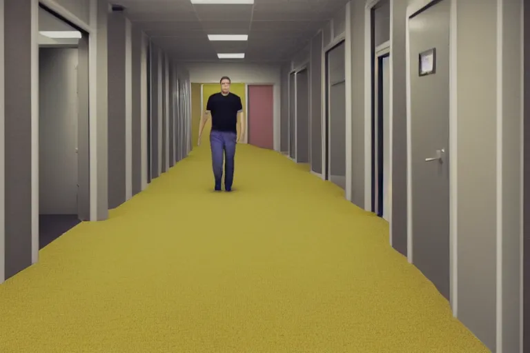Image similar to vhs video effect | 3 d render of jerma 9 8 5, jerma walking around in the backrooms, jerma walking in endless halls of completely empty office space with worn light mono - yellow 7 0 s wallpaper, old moist carpet, and inconsistently - placed fluorescent lighting | liminal space | non - euclidean space | high octane | blender