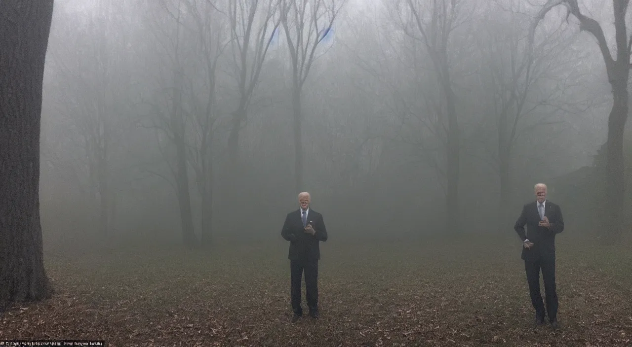 Prompt: low quality iphone photo taken in front of a house window of joe biden with standing ominously in the foggy woods with a demonic wide smile in his face, creepy