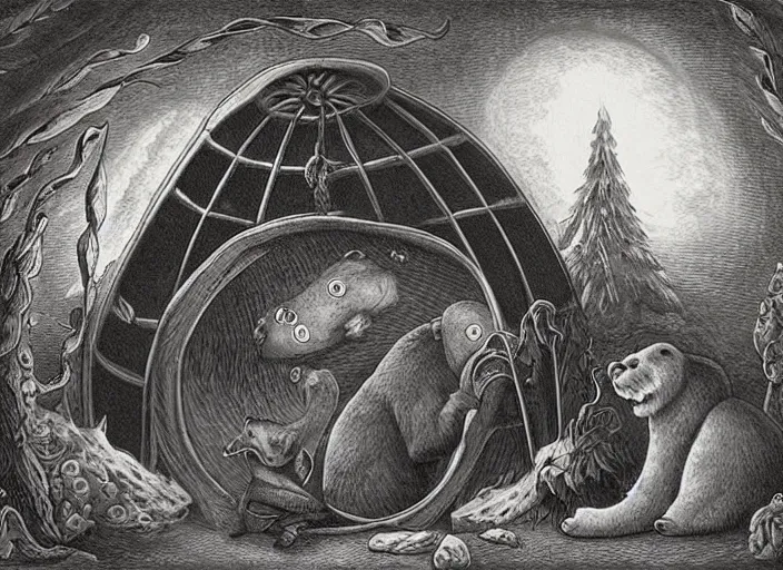 Prompt: an igloo with a chimney, walrus, polar bear, sleigh dogs, fish, giraffe, lowbrow in the style of mark ryden and ernst haeckel,