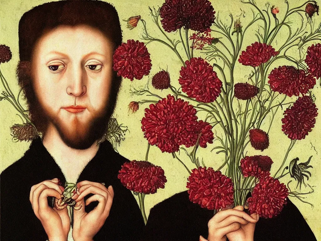 Prompt: The flower-eating weirdo. Portrait painting by Lucas Cranach.
