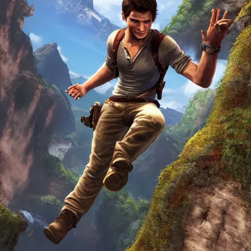 Image similar to young nathan drake jumping off a cliff, highly detailed