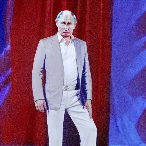 Image similar to Putin wearing a disco suit in Saturday Night Fever