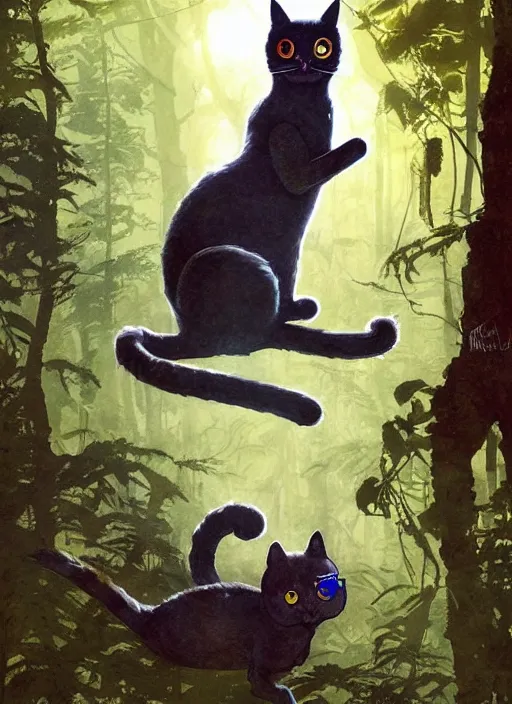 Image similar to a hyper realistic ink cat alien technology and sunbeams blue sky, lush forest foliage painting by chiara bautista and norman rockwell and greg rutkowski weta studio, and lucasfilm