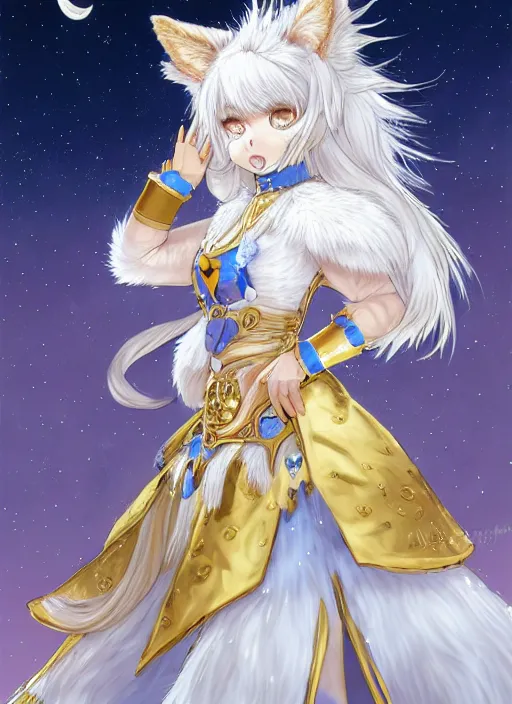 Image similar to commissioned full body portrait of a female anthro wolf princess fursona with a furry wolf head and white hair wearing a blue and gold Japanese armored dress in a white and gold palace on a starry night with a large crescent moon, by a professional manga illustrator, Stanley Artgerm Lau, WLOP, Rossdraws, James Jean, Andrei Riabovitchev, Marc Simonetti, and Sakimichan, trending on artstation