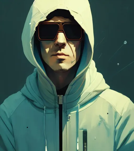 Image similar to cyberpunk synth, hyper - realistic portrait of a man in a hoodie, cyberpunk, by atey ghailan, by greg rutkowski, by greg tocchini, by james gilleard, by joe fenton, by kaethe butcher, dynamic lighting, gradient light blue, brown, blonde cream and white color scheme, grunge aesthetic