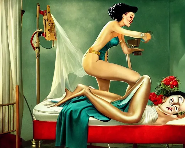 Prompt: phtorealistic modern pin up of the bride of frankenstein posing in a bed in the room of a sanatarium, full body, campy color scheme, realistic, center, smooth, golden ratio, detailed, gil elvgren, earl moran, joyce ballantyne