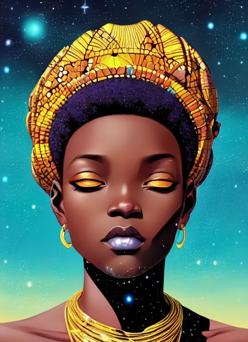 Prompt: a comic portrait of a cosmic african goddess with stars and clouds, fine - face, realistic shaded perfect face, fine details, jewelry, night setting. very anime style. realistic shaded lighting poster by ilya kuvshinov katsuhiro, magali villeneuve, artgerm, jeremy lipkin and michael garmash, rob rey and kentaro miura style, trending on art station