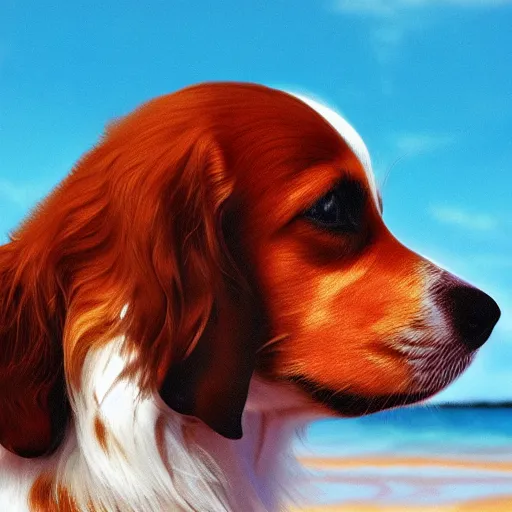 Image similar to kooikerhondje dog profile picture in the beach, photorealistic