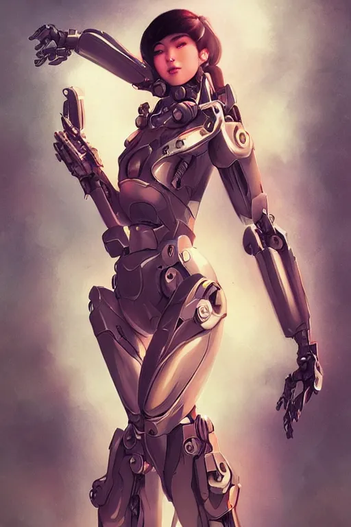 Prompt: a young attractive Asian woman inside a mecha, in the style of Artgerm and Tom Bagshaw