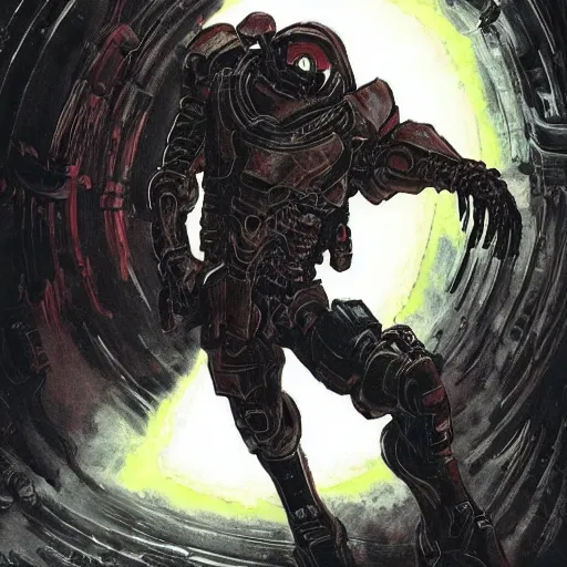 Image similar to doom slayer, pre renaissance art, tsutomu nihei art,