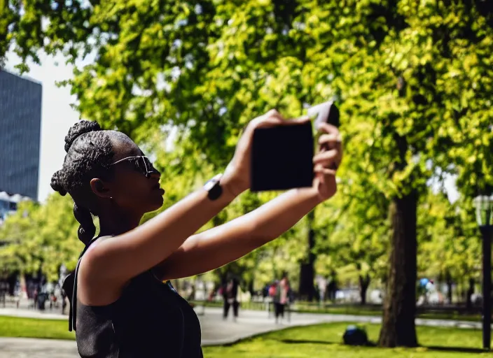 Image similar to photo still of a bronze statue of a woman using an iphone to take a selfie in a park on a bright sunny day, 8 k 8 5 mm f 1 6