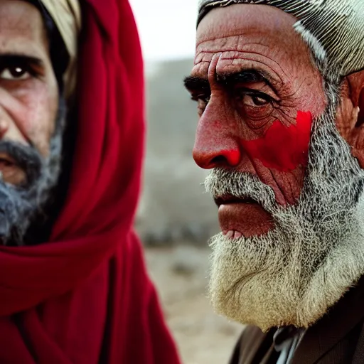 Prompt: portrait of president woodrow wilson as afghan man, green eyes and red scarf looking intently, photograph by steve mccurry