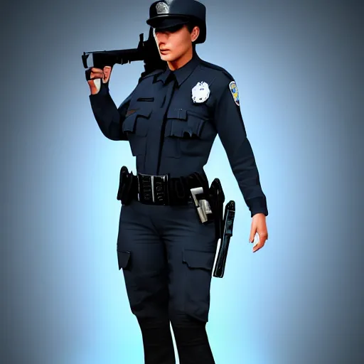 Image similar to kim kardashian as a cop, police uniform, full body view, scary graveyard, pretty, dust molecules, detailed photo, DeviantArt, Artstation, moonlit lighting