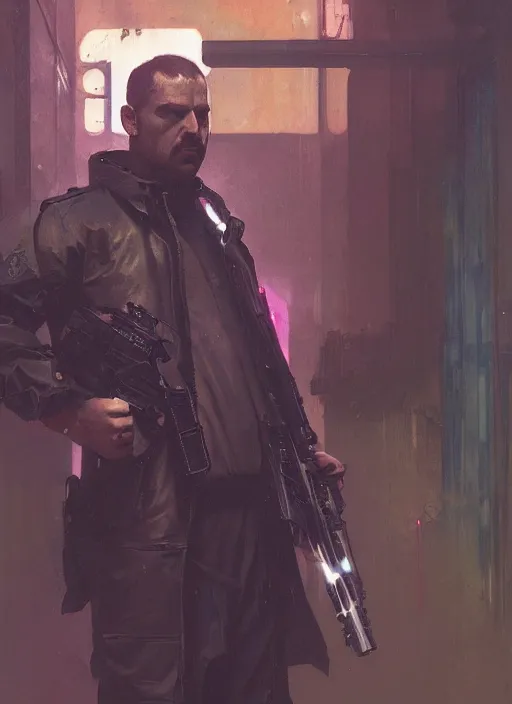 Prompt: kingpin. cyberpunk assassin in tactical gear. blade runner 2 0 4 9 concept painting. epic painting by craig mullins and alphonso mucha. artstationhq. painting with vivid color. ( rb 6 s, cyberpunk 2 0 7 7, matrix )