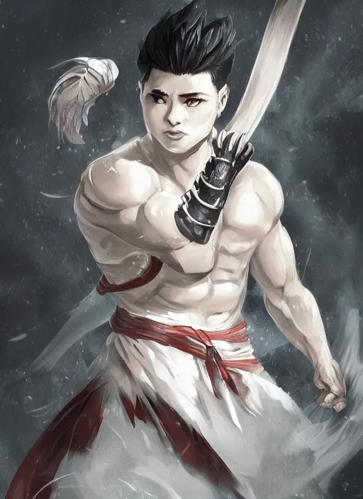 Image similar to a highly detailed illustration of fierce short white haired parted through the middle young attractive asian man, wearing hakama, with black sclera eyes, heroically battle posing, muscular, intricate, elegant, highly detailed, centered, digital painting, artstation, concept art, smooth, sharp focus, league of legends concept art, WLOP