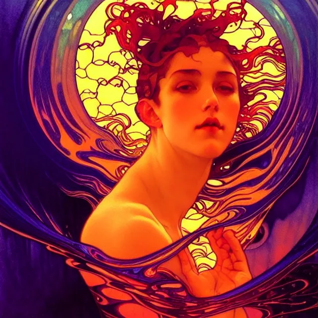 Prompt: mind bending indigo ocean waves of glossy psychedelic liquid honey flowing like kaleidoscopic translucent amber, lsd waves, honey ripples, dramatic sunset, refracted lighting, art by collier, albert aublet, krenz cushart, artem demura, alphonse mucha