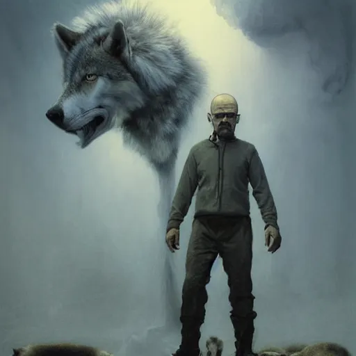 Image similar to Walter White as an anthropomorphic wolf dressed in sheeps clothing, highly detailed, fullbody, artstation, dark fantasy, horror, concept art, smooth, sharp focus, illustration, art by Greg Rutkowski and orientalism and Bouguereau and Zdzislaw Beksinski, good clear quality, lighting, biology, symmetrical artwork, perfect face, 135 mm, cinematic, hyper realism, high detail, octane render, 8k, chrome accents