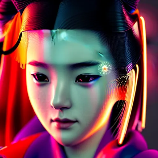 Prompt: photographic close - up portait of a beautiful young cyberpunk geisha half body in a kimono in city with neon lights, ambient lights, rainy day, digital painting, highly detailed, glowing lights, art station, by greg rutkowski
