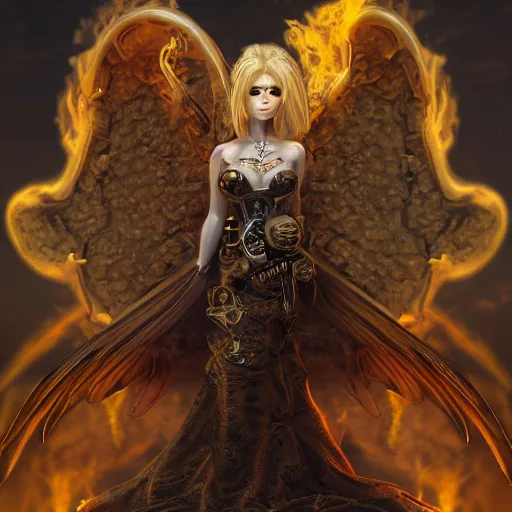 Image similar to pretty blond steampunk seraphim surrounded by lava, 8 k, shallow depth of field, 8 k, ultra high detail, concept art,