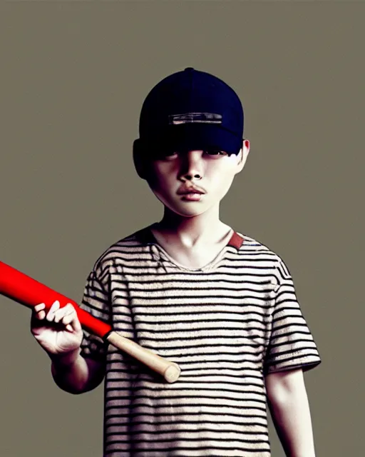 Image similar to a young boy wearing a horizontal striped shirt and a red baseball cap and jean shorts, holding a baseball bat, digital painting, artstation, concept art, sharp focus, octane render, illustration, art by takato yamamoto,