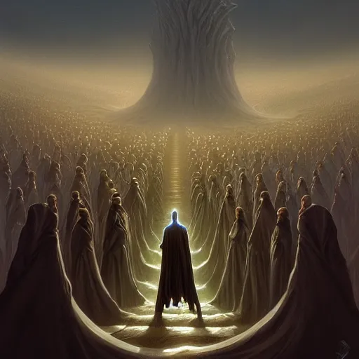 Prompt: a quantum computer processing the soul of a dying man, surrounded by a dark cabal of hooded elven mystics with long robes gathered in a circular formation, michael whelan art, dan seagrave art, cgsociety, artstation, epic scifi fantasy art