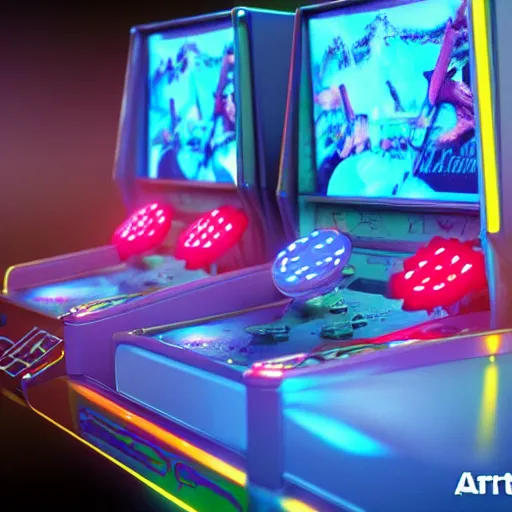 Image similar to 1990s arcade machine, octane render, unreal engine, digital art, Artstation, Trending on Artstation, Artstation HQ, Artstation HD, cgsociety, Pinterest, 8k , close up to the screen, wide angle, godrays, volumetric, reflections, cinematic, epic, coherent, 3D Render,