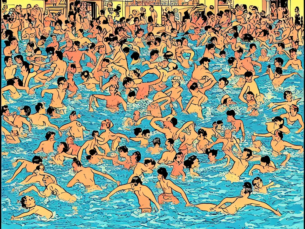 Prompt: a fine illustration of a brawl in a crowded swimming pool in the style of herge
