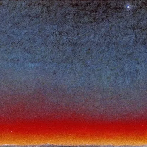 Image similar to the epic abstract painting'blue arctic void with black and red aurora borealis above a tiny inuit village ', by caspar david friedrich!!!, by rothko!!!, stunning masterpiece, trending on artstation