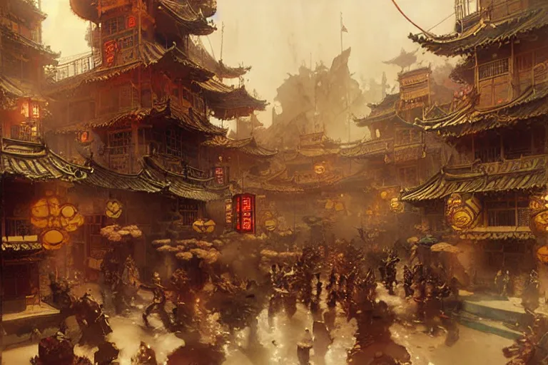 Image similar to wuxia, steampunk city, painting by gaston bussiere, craig mullins, j. c. leyendecker