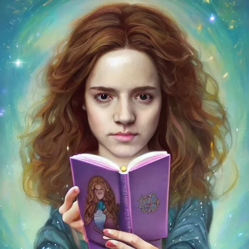 Image similar to Hermione Granger reading a book, symmetrical face, art nouveau, portrait, cute, playful, fairy, harper's bazaar, pearlescent, detailed background, featured on artstation, by Daniel Gerhartz, by ross tran, bright pastel colors, face by artgerm, by Kelly McKernan, by Charlie Bowater, by Laura rubin, 8k