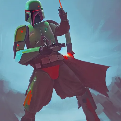 Image similar to Boba fett as a sith warrior artwork by Simon stalenhag