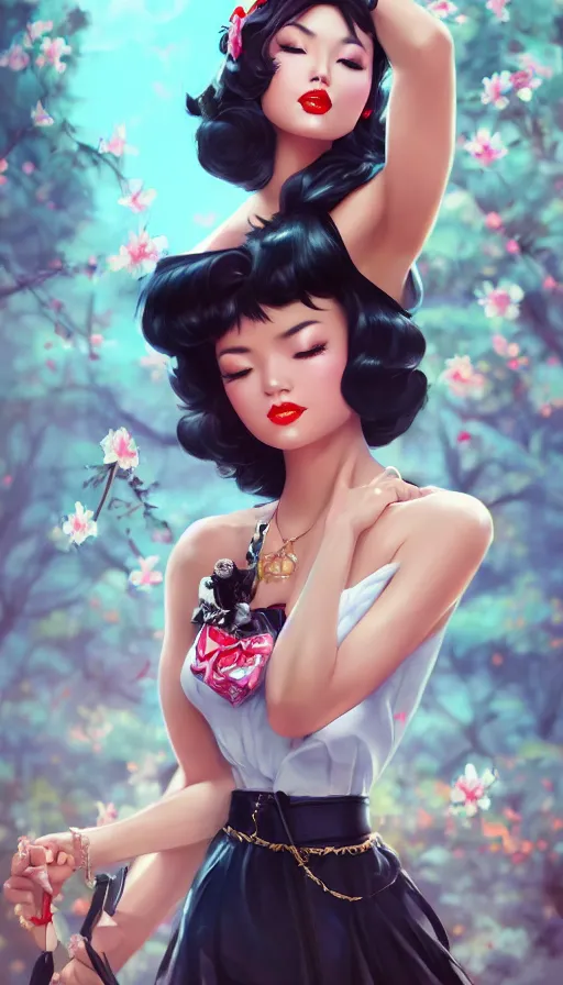 Image similar to a pin up and beautiful fashion and charming and dreamlke asian girl with lv jewelry, medium shot, art by artgerm & ross tran & wlop, hyperdetailed, 8 k realistic, symmetrical, frostbite 3 engine, cryengine, dof, trending on artstation, digital art