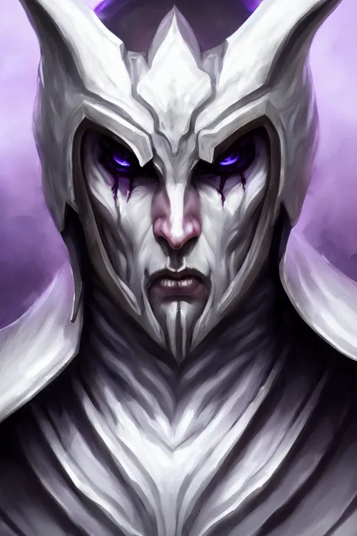 Image similar to human male demon, full body white purple cloak, hero, heavy scale armor, character concept art, costume design, black eyes, white horns, trending on artstation, Artgerm , WLOP