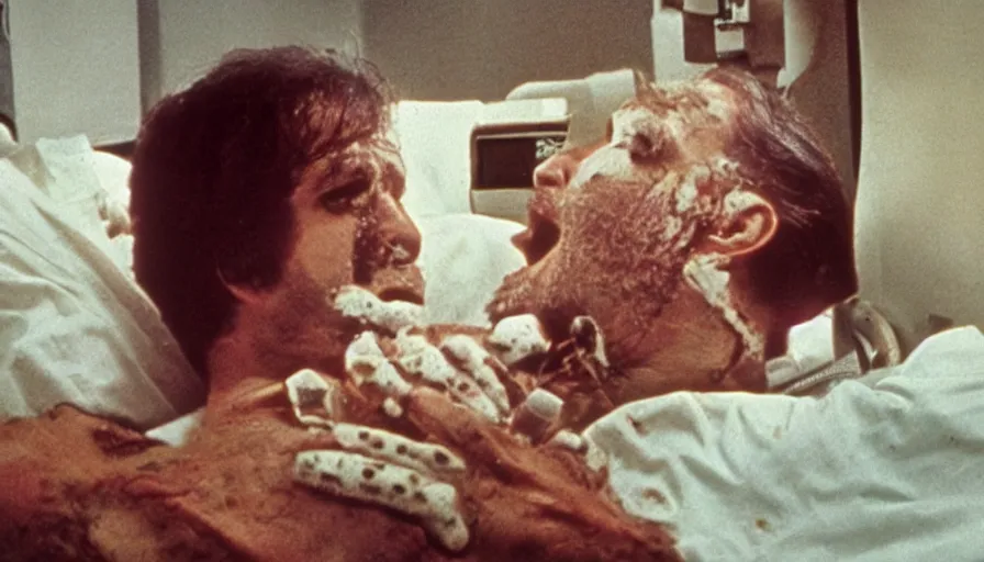 Prompt: 70s movie still of a man yelling with trypophobia flesh in hospital, eastmancolor, heavy grain, high quality, higly detailed, liminal space