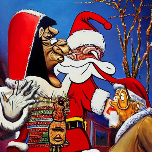 Image similar to a detailed painting of rameses ii slapping santa claus by gerald scarfe and ralph steadman