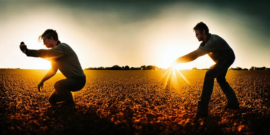 Image similar to the sunset's light beam, tom holand, action pose, outside in a farm, medium close up shot, depth of field, sharp focus, waist up, movie scene, anamorphic,