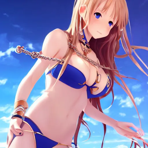 Prompt: a very beautiful young yuuki asuna, full body, long wavy blond hair, sky blue eyes, full round face,, shiny golden bikini, hands in chains, miniskirt, front shot, highly detailed, cinematic wallpaper by stanley artgerm lau