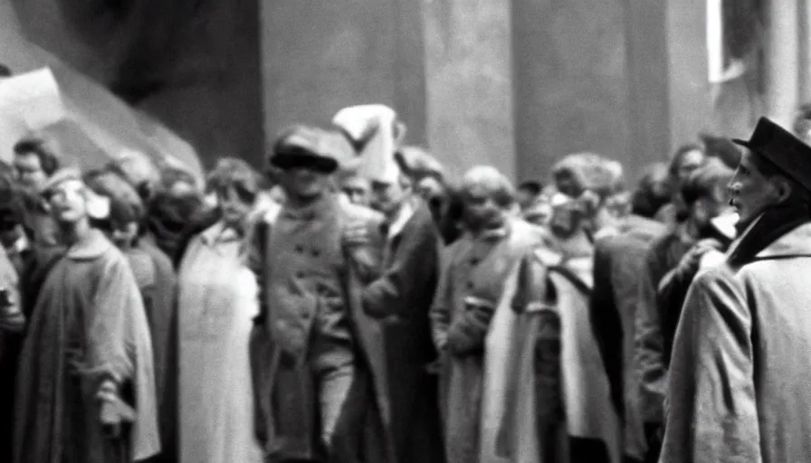 Prompt: 1 9 6 0 s movie still of robespierre at the guillotine, cinestill 8 0 0 t 3 5 mm b & w, high quality, heavy grain, high detail, panoramic, cinematic composition, dramatic light, ultra wide lens, anamorphic