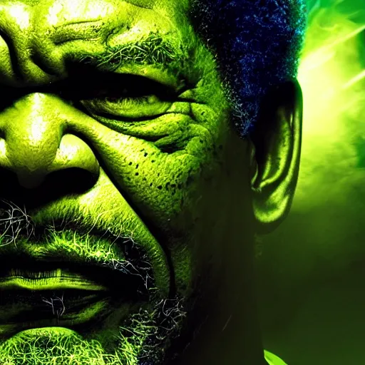 Prompt: morgan freeman as the incredible hulk, tv show, dramatic lighting, smoke, rim light, marvel, trending on artstation, rule of rhirds, photograph