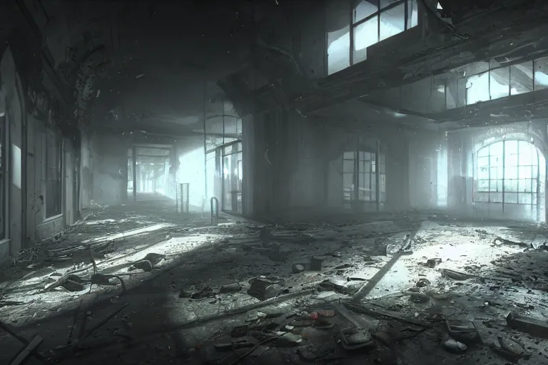 Prompt: a first person shooter game trailer on a abandoned victorian shopping mall, cinematic lightning, ray tracing, unreal engine 5, photorealistic, first person point of view, fps game concept art, detailed, dark, moody, foggy