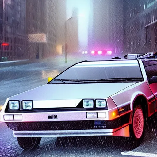 Image similar to hyperdetailed, photorealistic photograph of a dmc 1 2 delorean driving in the streets, rain, night, dense fog, hd, unreal engine 5